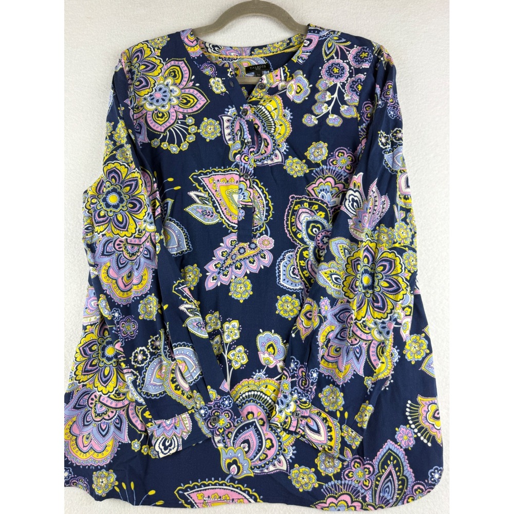 Talbots Petites Navy Blue Paisley Floral Rayon Long Sleeve Blouse Top LP
